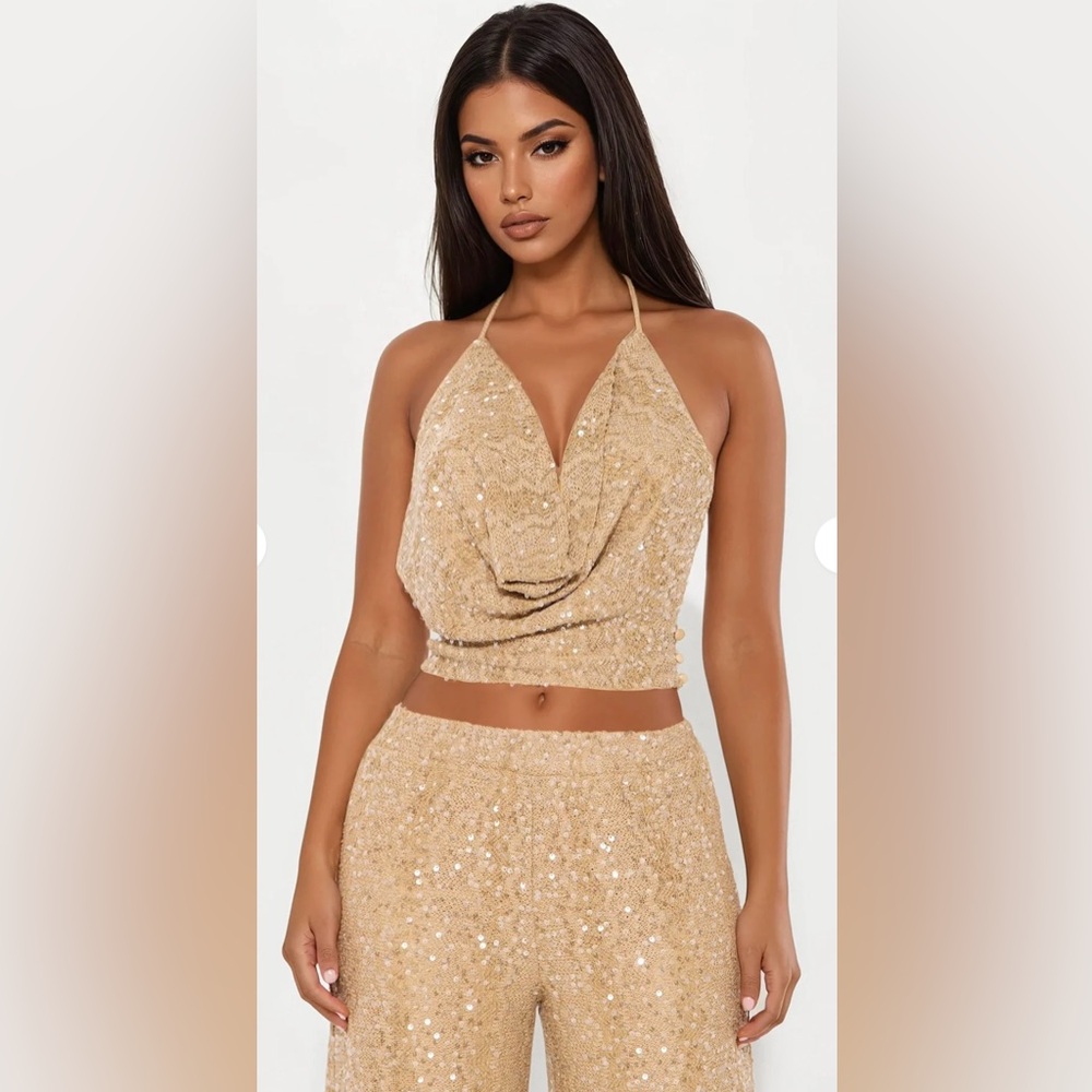 Pearl Tide Crochet halter Wide Leg Set- Tan - Picture 4 of 5